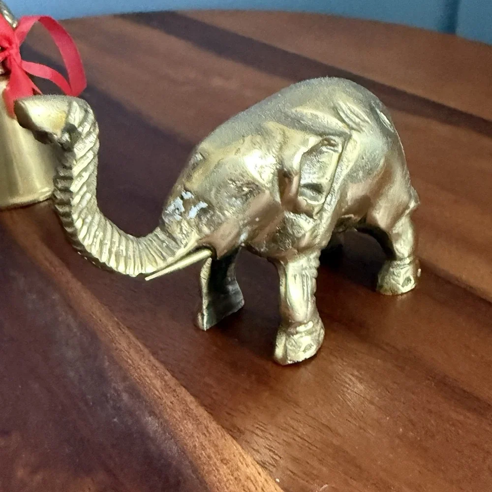 Lot of 2 Vintage Brass Elephants Figurine Bell Lucky Trunk Up Trinkets Mini